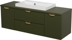 Gante Oliwkowa szafka łazienkowa wisząca z białą umywalką nablatową złoty uchwyt 120 cm Magnolia (MGLOU12392+LIVZL)