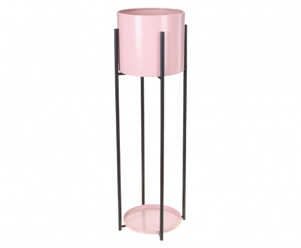 Duży kwietnik metalowy. Czarna rama, różowa donica. 78 cm