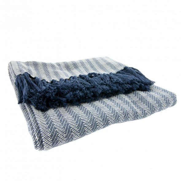 Koc bawełniany, pled, narzuta 130x170 cm, granatowy, w jodełkę