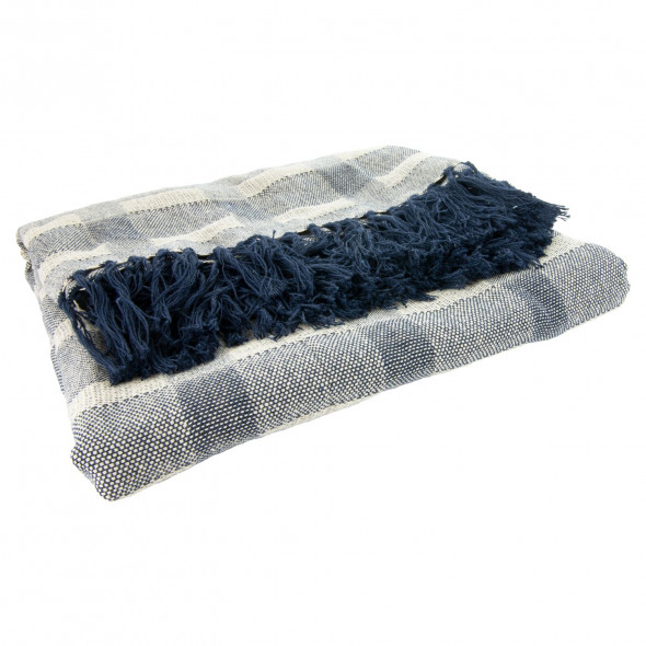 Koc bawełniany, pled, narzuta 130x170 cm, granatowy, w kratę