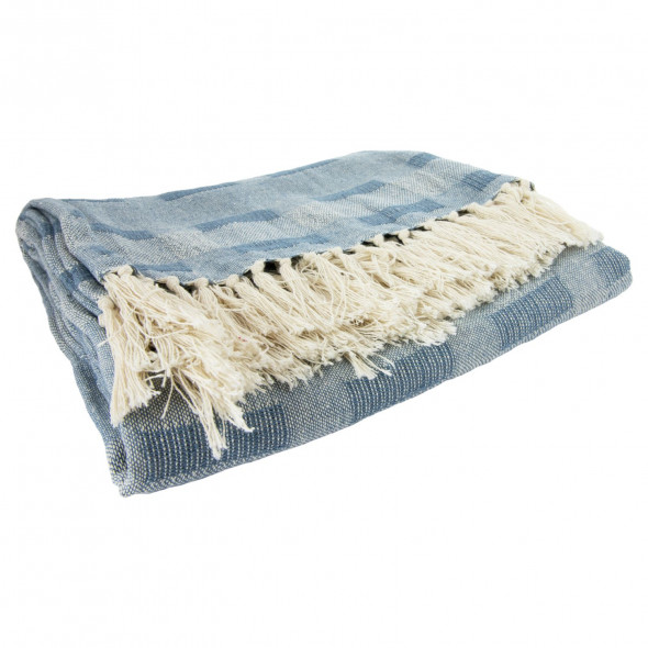Koc bawełniany, pled, narzuta 130x170 cm, niebieski, w kratę