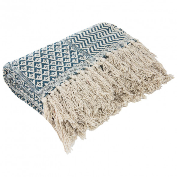 Koc Narzuta Na Łóżko Kanapę Z Frędzlami Boho 170x130 Niebieski