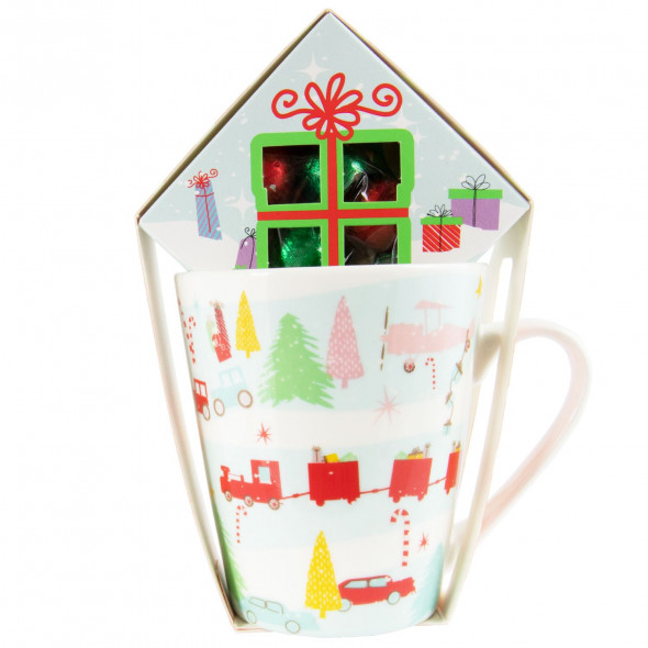 Kubek świąteczny na prezent w zestawie czekoladki kolejka