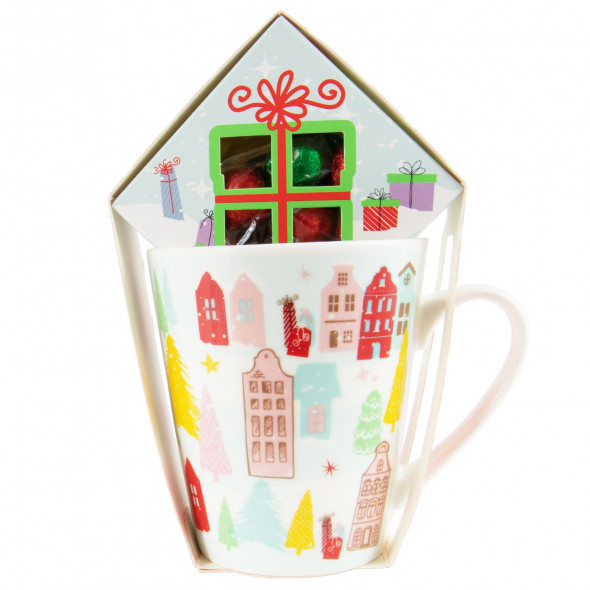 Kubek świąteczny na prezent w zestawie czekoladki miasto