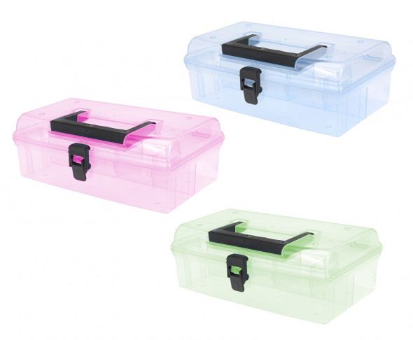 Organizer w formie zamykanego pudełka. Skrzyneczka, kuferek, pudełko.  Liczne przegródki i uchwyt.