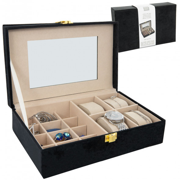 Szkatułka Kuferek Pudełko Na Biżuterię Organizer Z Lusterkiem Czarny