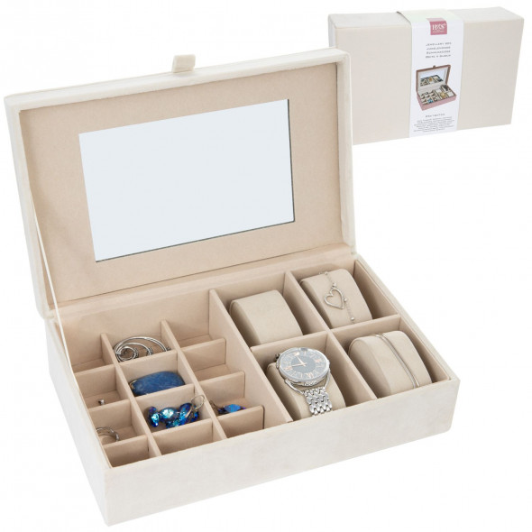 Szkatułka Kuferek Pudełko Na Biżuterię Organizer z Lustrem Beżowy