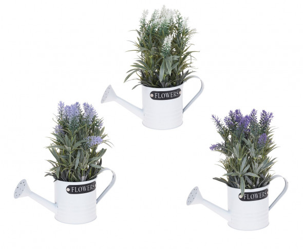 Sztuczny kwiat Lawenda, roślina, roślinka w metalowej donicy, konewce