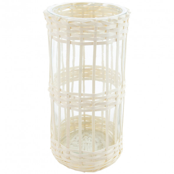 Wazon szklany, świecznik drewniany kosz, pleciony 31 cm paski pionowe