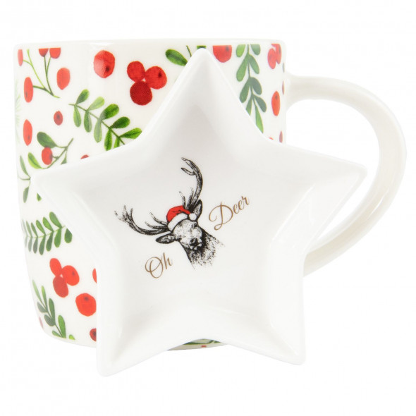 Zestaw kubek i spodek świąteczne porcelanowy na torebki do herbaty 320 ml renifer