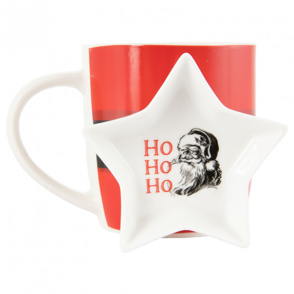 Zestaw kubek i spodek świąteczne porcelanowy na torebki do herbaty 320 ml Święty Mikołaj