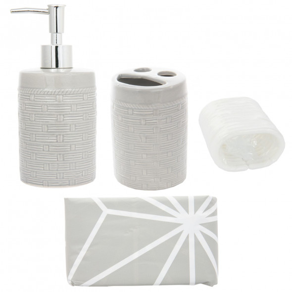 Zestaw Łazienkowy Ceramika 4 części Dozownik Kubek Kurtyna  Szary