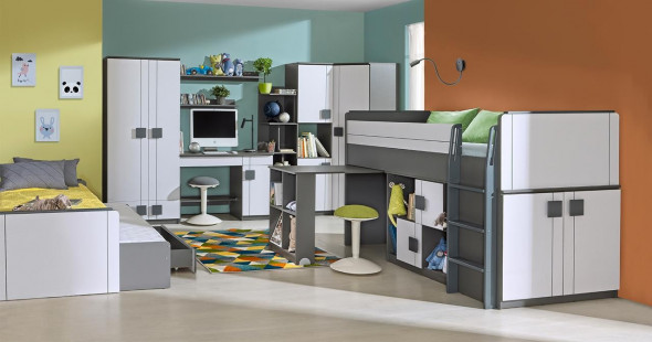 BETTSO GUMI Łóżko z biurkiem - Biały brylantowy / antracyt / G15