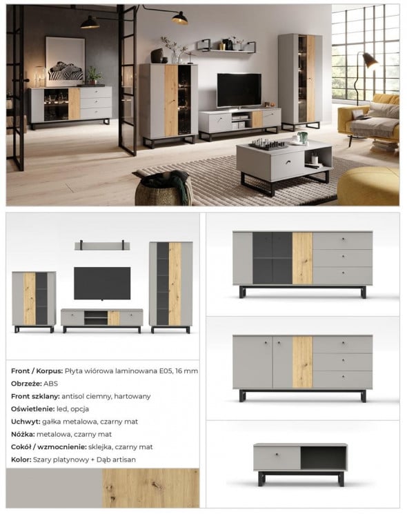 BETTSO Niska witryna Flavio ze szklanym frontem / szary + dąb artisan