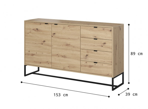 BETTSO Szeroka komoda dwudrzwiowa z szufladami AMBER w kolorze dąb artisan