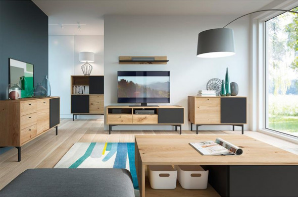 BETTSO LAVA - Szafka RTV 151 / Dąb artisan + Czarny perlisty