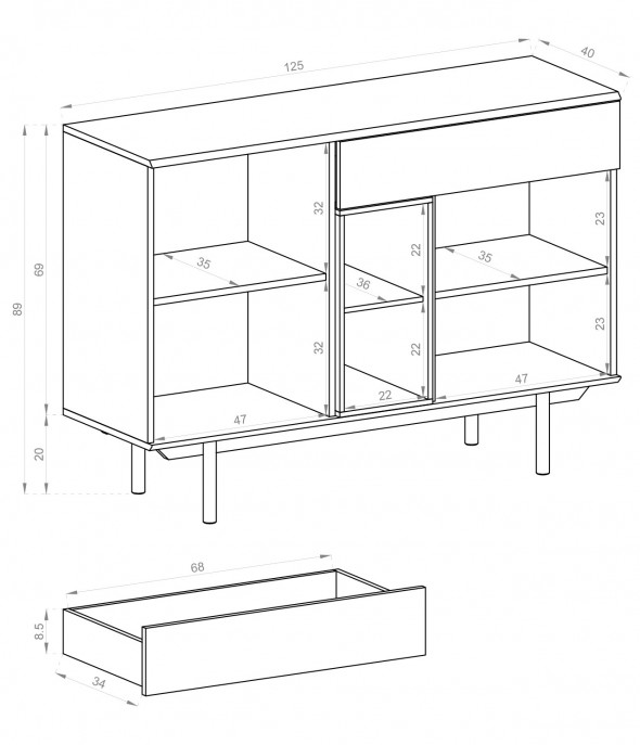 BETTSO NIKS - Komoda IK 125 / Szary + Jackson Hickory
