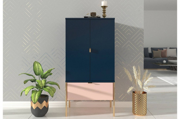 BETTSO Wysoka elegancka granatowo-różowa komoda Skandica POLKA na złotych nóżkach