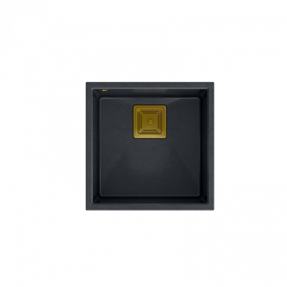 DAVID 40 GraniteQ zlewozmywak black diamond 42x42x22,5 cm 1-komorowy b/o komora podwieszana kwadratowy odpływ + syfon manualny złoty save space + zaczepy