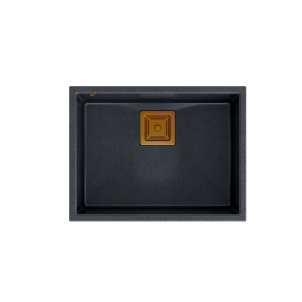 DAVID 50 GraniteQ zlewozmywak black diamond 55x42x22,5 cm 1-komorowy b/o komora podwieszana kwadratowy odpływ + syfon manualny miedź save space + zaczepy