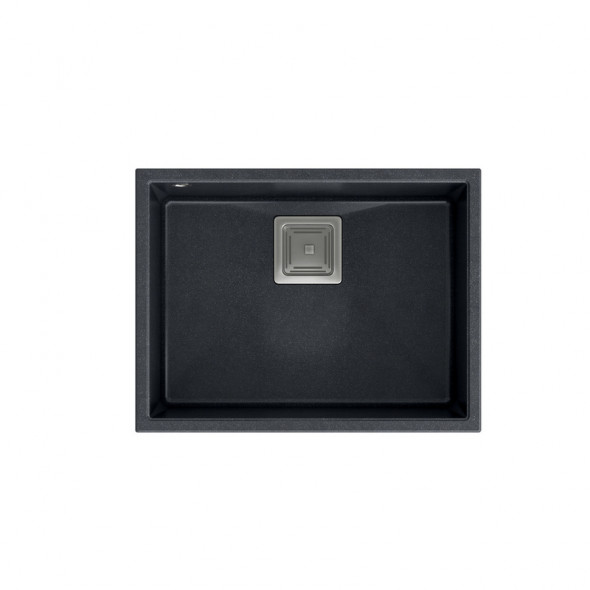 DAVID 50 GraniteQ zlewozmywak black diamond 55x42x22,5 cm 1-komorowy b/o komora podwieszana kwadratowy odpływ + syfon manualny stal szczotkowana save space + zaczepy