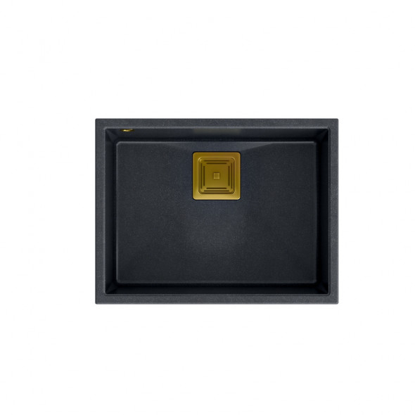 DAVID 50 GraniteQ zlewozmywak black diamond 55x42x22,5 cm 1-komorowy b/o komora podwieszana kwadratowy odpływ + syfon manualny złoty save space + zaczepy