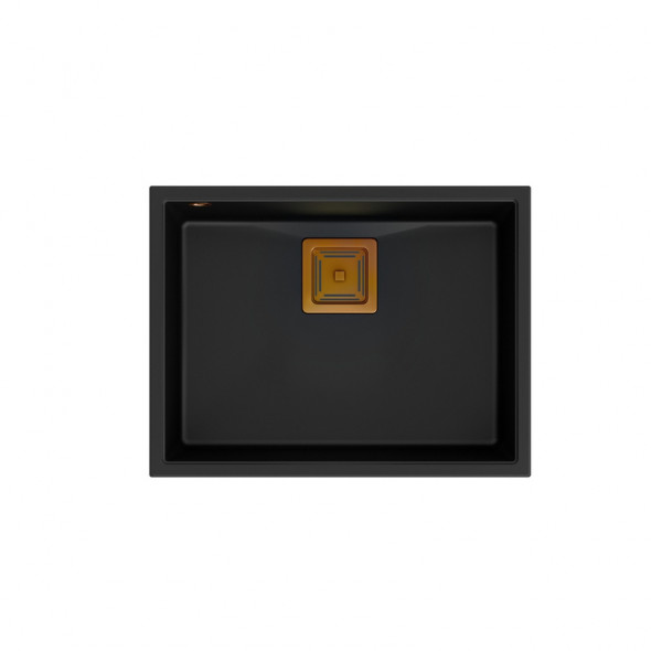 DAVID 50 GraniteQ zlewozmywak pure carbon 55x42x22,5 cm 1-komorowy b/o komora podwieszana kwadratowy odpływ + syfon manualny miedź save space + zaczepy