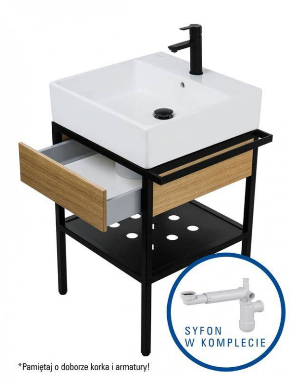 Deante Temisto Umywalka stawiana na blacie + konsola łazienkowa z szufladą 56x50 + syfon space saver