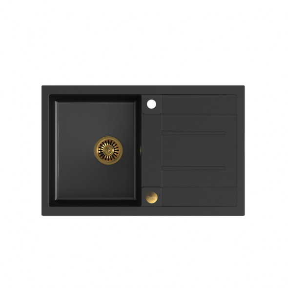 Quadron Morgan 111 zlew granitowy czarny mat ze złotym syfonem