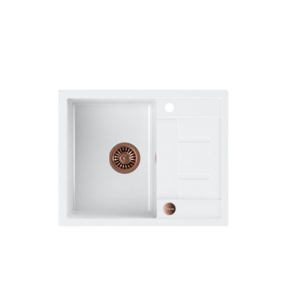 Quadron Morgan 116 zlew granitowy biały z miedzianym syfonem