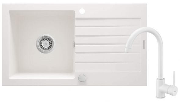 Zestaw zlewozmywak granitowy z baterią alabaster Deante Zorba zlew 1-komorowy z ociekaczem