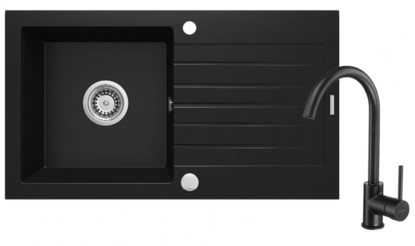 Zlewozmywak granitowy z baterią kuchenną Deante Zorba 76 nero zlew kuchenny jednokomorowy z ociekaczem kran kuchenny
