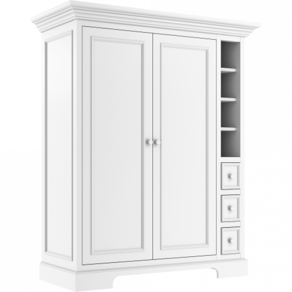 Biała klasyczna szafa dwudrzwiowa uzupełniona szufladkami