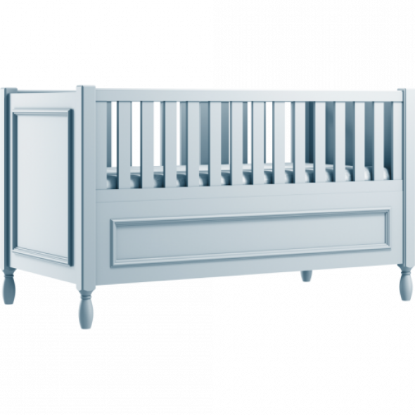 Błękitne eleganckie łóżeczko dziecięce z ozdobnymi nóżkami i frezowaną ramką