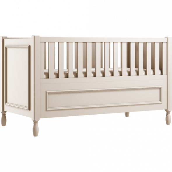 Eleganckie łóżeczko dziecięce z ozdobnymi nóżkami i frezowaną ramką w kolorze kości słoniowej