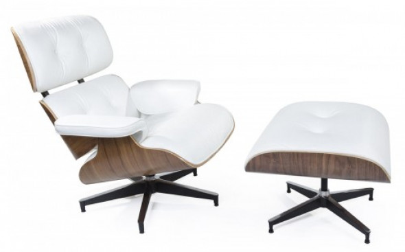 Fotel z podnóżkiem Biała Skóra Naturalna podstawa orzech Insp. Lounge Chair