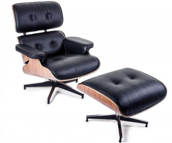 Fotel z podnóżkiem Czarna Skóra Naturalna Inspirowany Projektem Lounge Chair