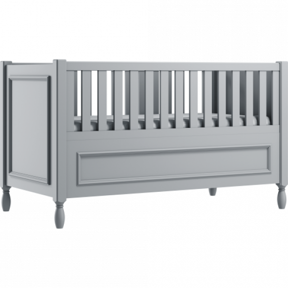 Grafitowe eleganckie łóżeczko dziecięce z ozdobnymi nóżkami i frezowaną ramką