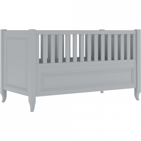 Grafitowe eleganckie łóżeczko dziecięce ze stylizowanymi nóżkami i frezowaną ramką