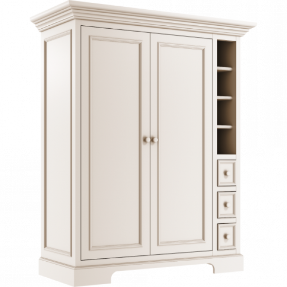 Klasyczna szafa dwudrzwiowa uzupełniona szufladkami w kolorze kości słoniowej