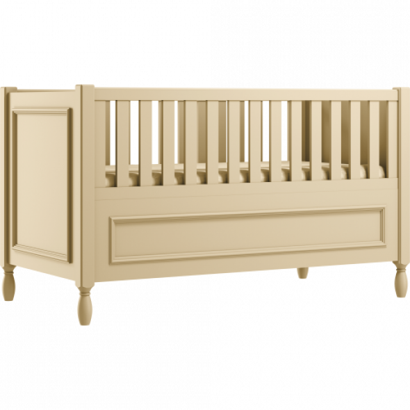 Kremowe eleganckie łóżeczko dziecięce z ozdobnymi nóżkami i frezowaną ramką