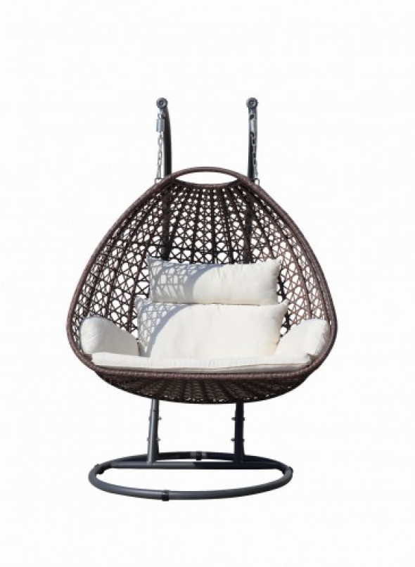 Podwójny fotel ogrodowy kula na stelażu brązowa plecionka technorattanowa poduszka ecru