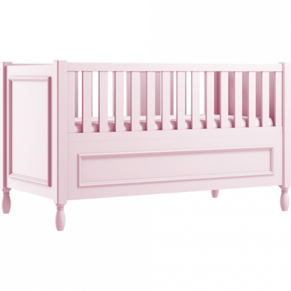 Różowe eleganckie łóżeczko dziecięce z ozdobnymi nóżkami i frezowaną ramką