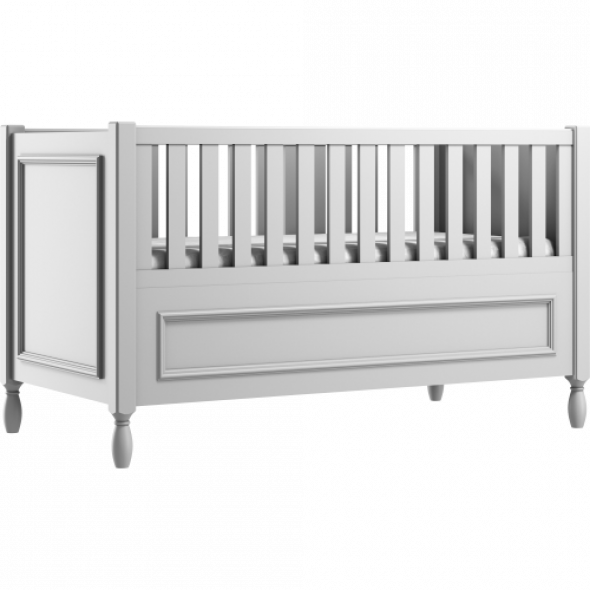 Szare eleganckie łóżeczko dziecięce z ozdobnymi nóżkami i frezowaną ramką