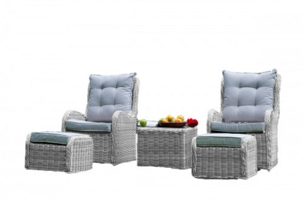 Zestaw komfortowych foteli ogrodowych z podnóżkami i stolikiem jasny szary