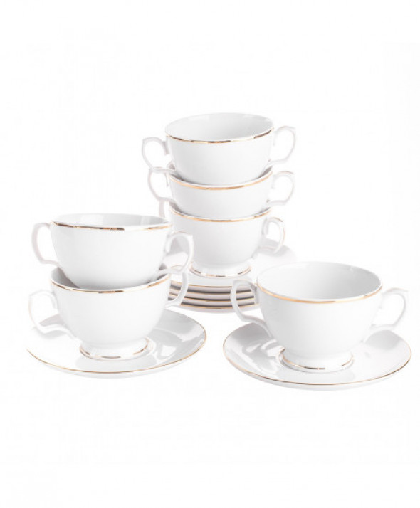 Bulionówki porcelanowe ze spodkami MariaPaula Złota Linia biała 350 ml, 6 szt.