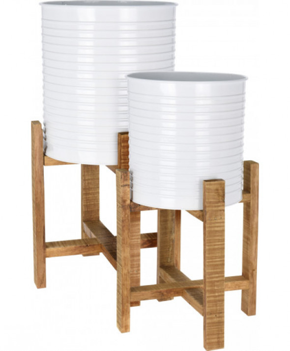 Doniczka stalowa na drewnianym stojaku  mała biała śr.25cm x 51 cmh ze stojakiem