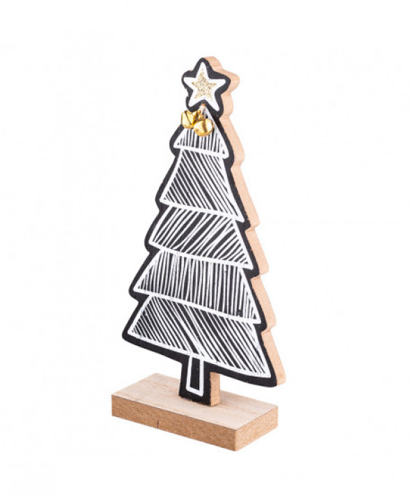 Figurka / ozdoba / dekoracja świąteczna drewniana Choinka czarna w paski 19,5 cm