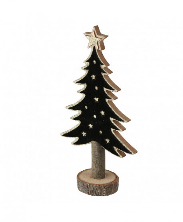 Figurka / ozdoba / dekoracja świąteczna drewniana Choinka czarna ze złotym brokatem 25 cm