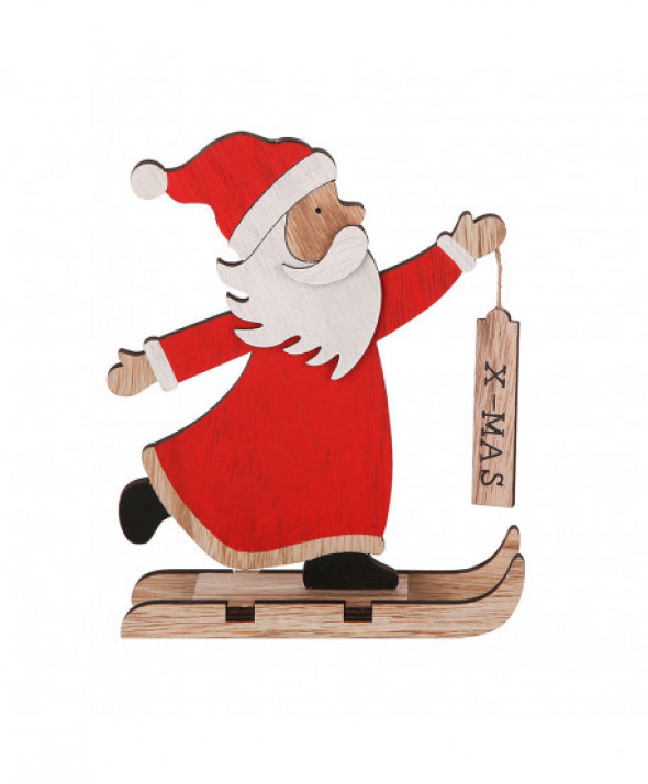 Figurka / ozdoba / dekoracja świąteczna drewniana Mikołaj na nartach 15,5 x 5 x 18 cm